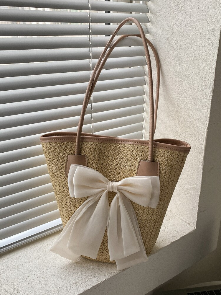Bow Decor Contrast Binding Straw Bag | SHEIN