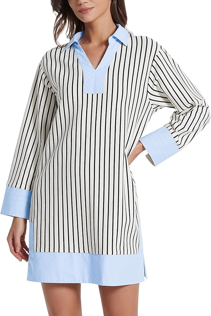 Kedera Women's Summer Striped Dress Long Sleeve V Neck Collared Shirt Mini Dresses 2025 Trendy wi... | Amazon (US)