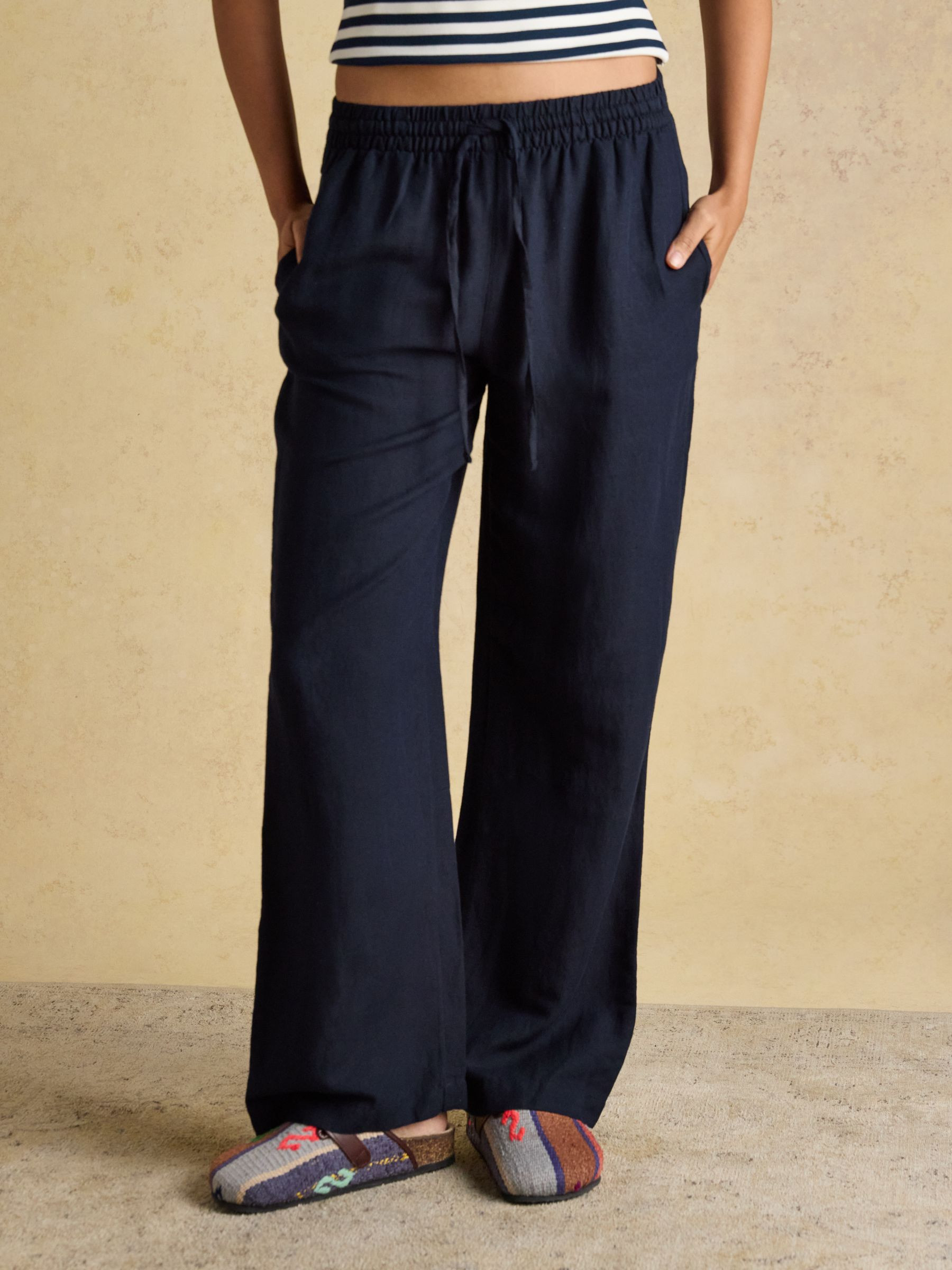 Navy Blue Relaxed Wide Leg Trousers with Linen | Joules | Joules