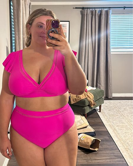 Wearing 14 plus in the hot pink bikini - flutter sleeves, eyelet trim, high waisted bottoms, under $30. Sizes 12-36, great mid size and plus size swimsuit option from Amazon. Also comes in red, black, white, olive green and royal blue 

#LTKfindsunder50 #LTKswim #LTKplussize
