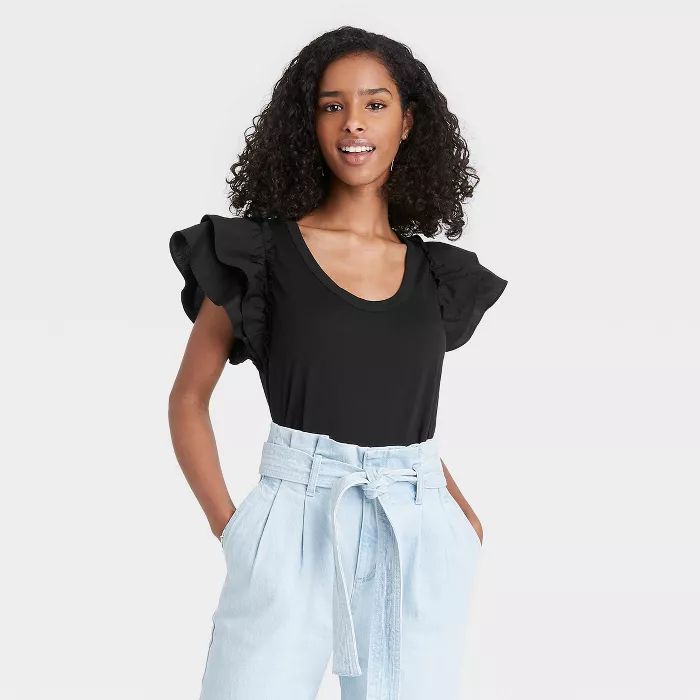 Women's Ruffle Short Sleeve Scoop Neck Mixed Media T-Shirt - A New Day™ | Target