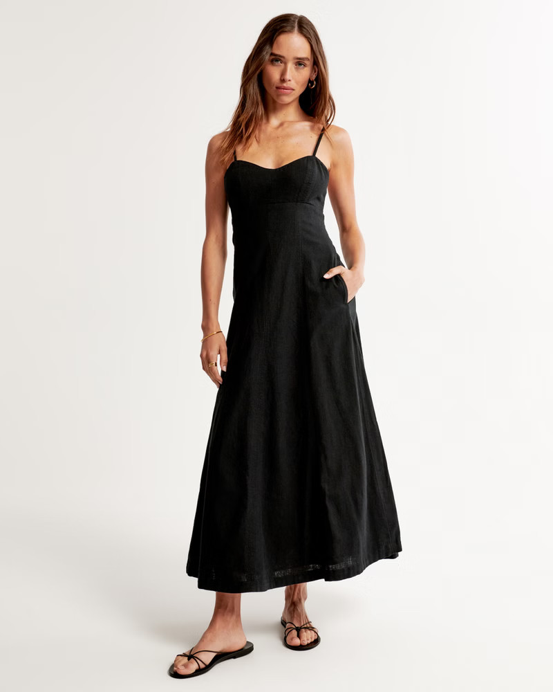 Linen-Blend Sweetheart Midi Dress | Abercrombie & Fitch (US)