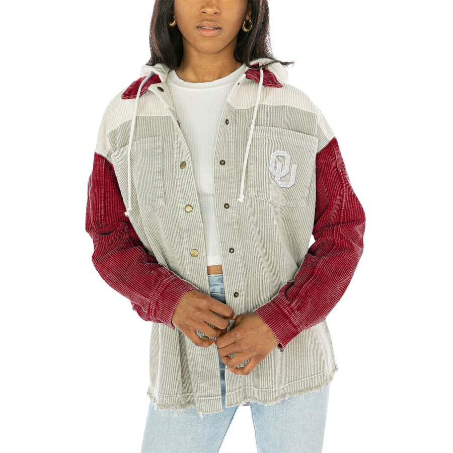Oklahoma Sooners Gameday Couture Women's Vintage Wash Corduroy Full-Snap Hooded Shacket - Gray | Fanatics