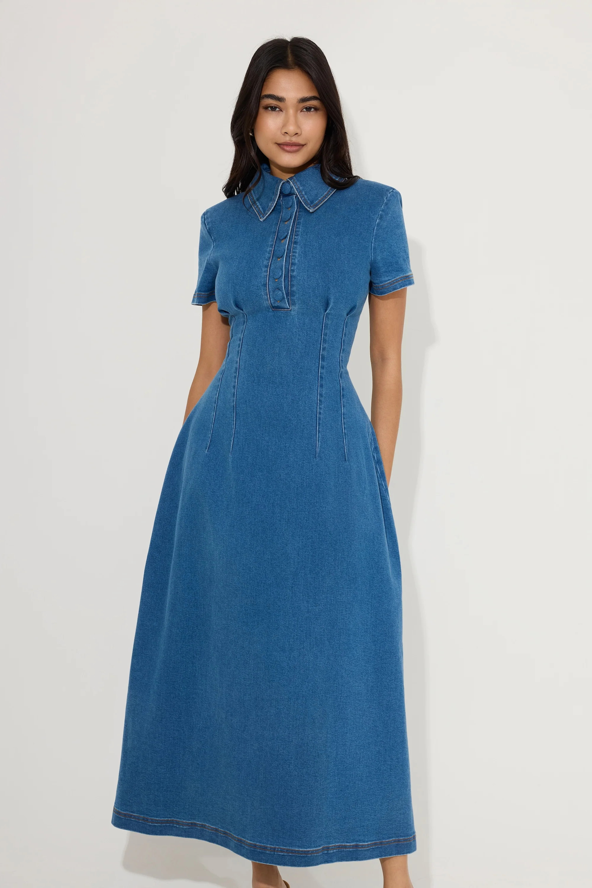 Cotton Mix Denim Collared Midi Dress | Odd Muse