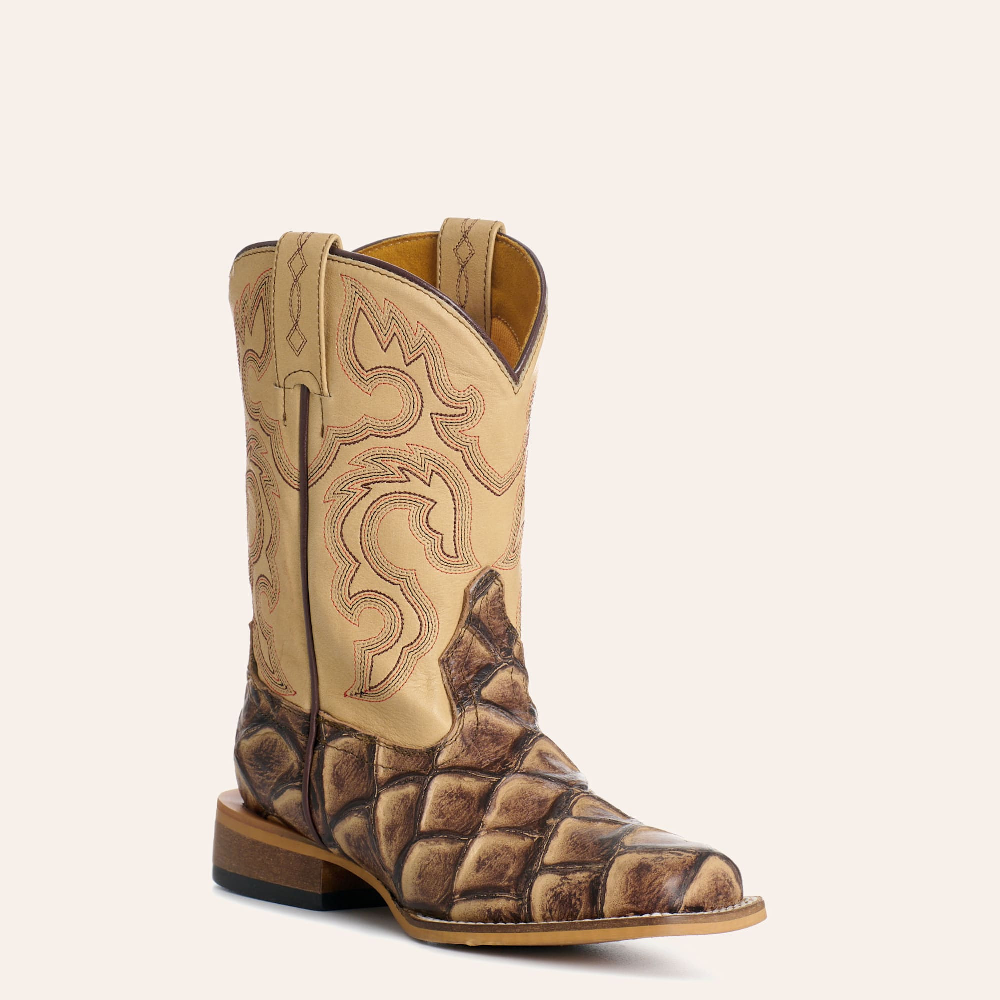 Cavender's Kid's Sand & Natural Pirarucu Print Wide Square Toe Cowboy Boots | Cavender's