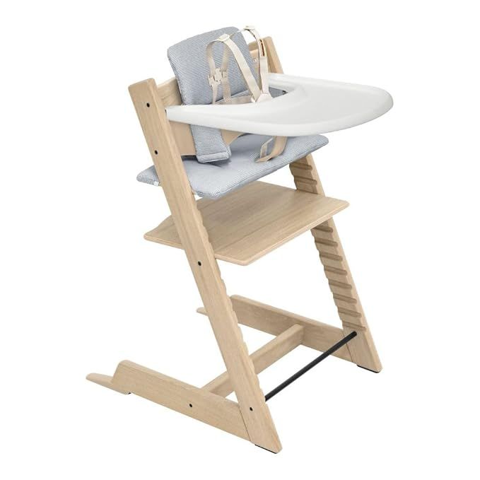 Stokke Tripp Trapp Oak High Chair 2 (Natural), Cushion 2 (Nordic Blue) + Stokke Tray (White) - In... | Amazon (US)