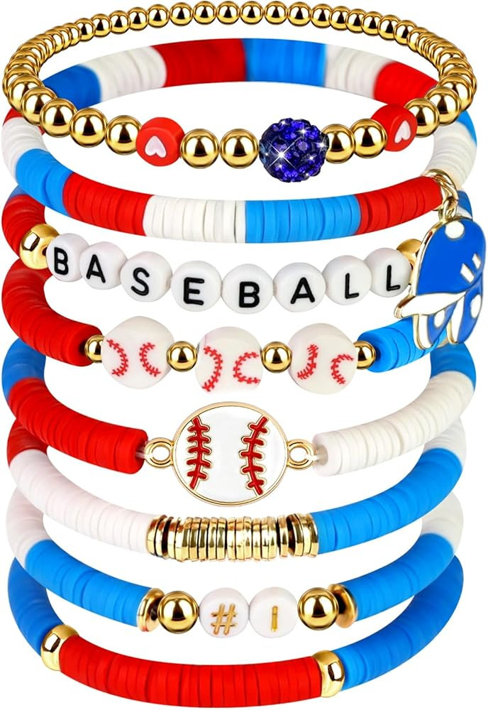 Pulseras elásticas con cuentas de arcilla AKAIXI de béisbol, pulseras de béisbol hipoalergéni... | Amazon (US)