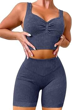 OLCHEE Womens Workout Sets 2 Piece - Seamless Ribbed Acid Wash Yoga Outfits Shorts and Sports Bra... | Amazon (US)