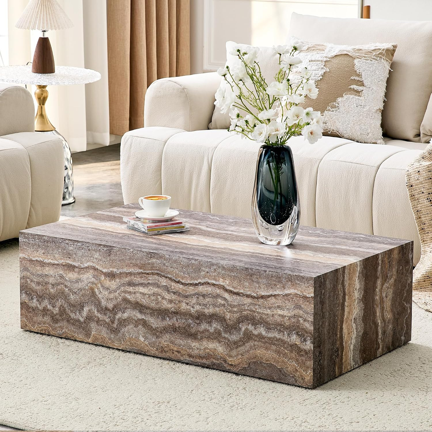 Modern Faux Marble Coffee Table, Rectangle Center Table for Living Room, Minimalist Coffee Table with Grey Marble Finish, Cocktail Tea Table for Home,No Assembly Required | Amazon (US)
