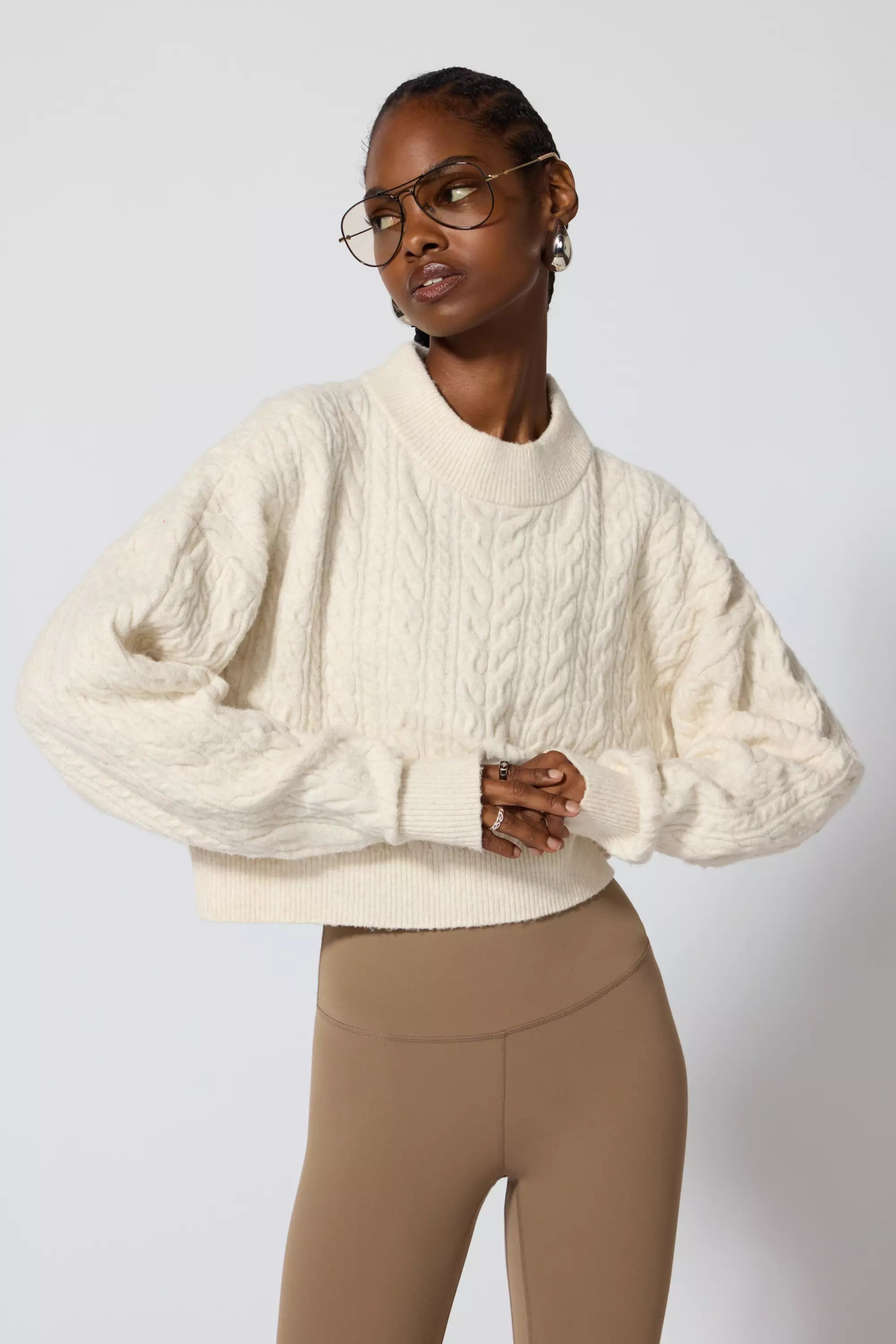 Cable Knit Cropped Sweater - Htr Birch | MPG Sport