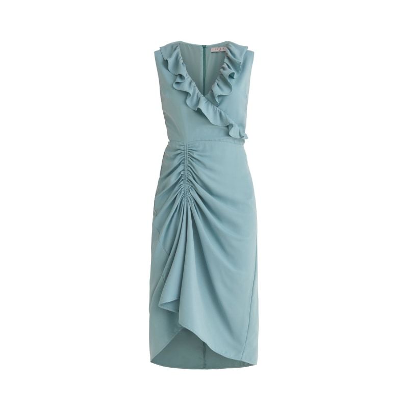 Ruched Dress With Frills In Light Blue | Wolf and Badger (Global excl. US)