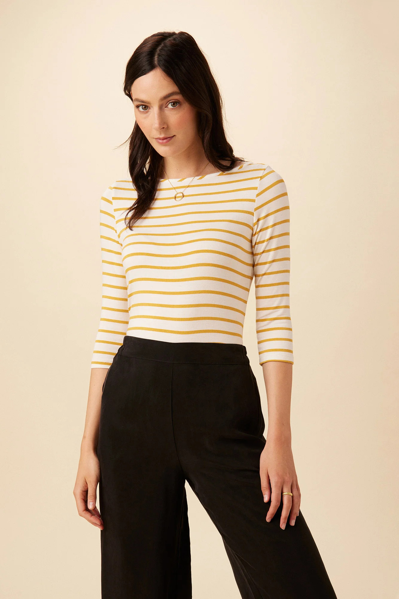 Francoise 3/4 Sleeve Dream Knit Tee - Ivory Sunflower Stripe | Amour Vert