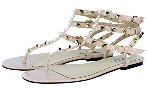 Royou Yiuoer Women's Leather Studded Sandals T-strap Flats Sandals | Amazon (US)