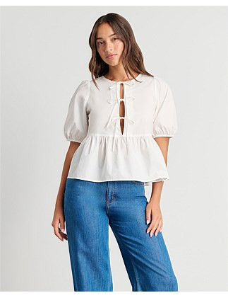 POPLIN PUFF SLEEVE TIE TOP | David Jones (Australia & New Zealand)