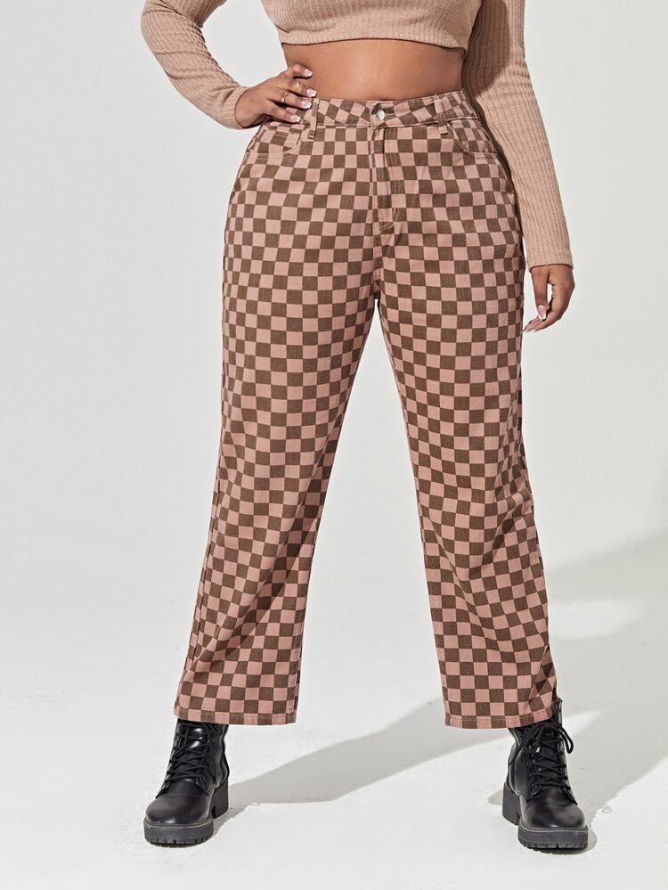 Plus Gingham Print Straight Leg Jeans | SHEIN