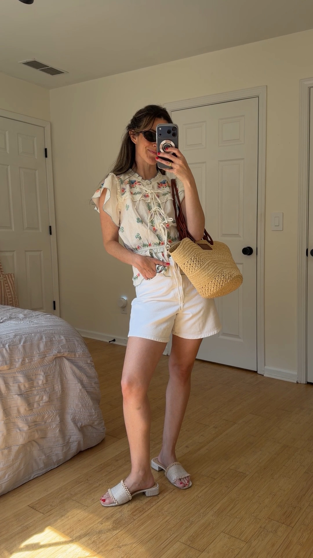 Spring is here. 

Show me your mumu Romey Top XS
target Sandles 6.5
Everlane a line shirts size down one. 24
Sezane Justine basket bag 

#showmeyourmumu #everlane #sezane #raffiabags #springoutfits #momootd #targetsandals 

#LTKmomlife #LTKootd