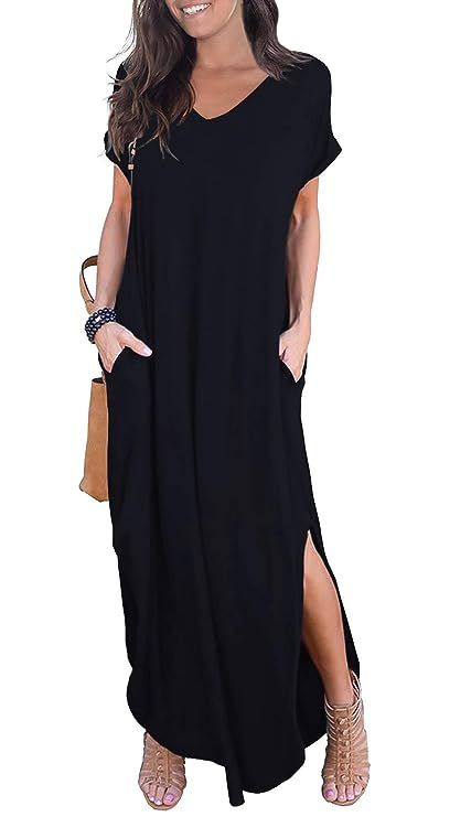 GRECERELLE Women's Casual Loose Pocket Long Dress Short Sleeve Split Maxi Dresses | Amazon (US)