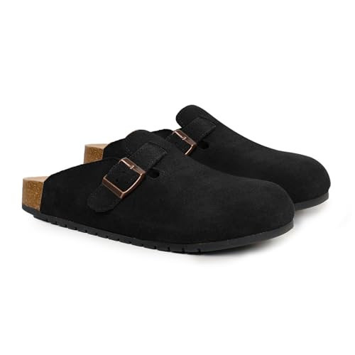 EVELLYHOOTD Women's Men's Suede Clogs Leather Mules Cork Footbed Sandals Comfort Potato Shoes with Arch Support(with Socks),Black | Amazon (US)
