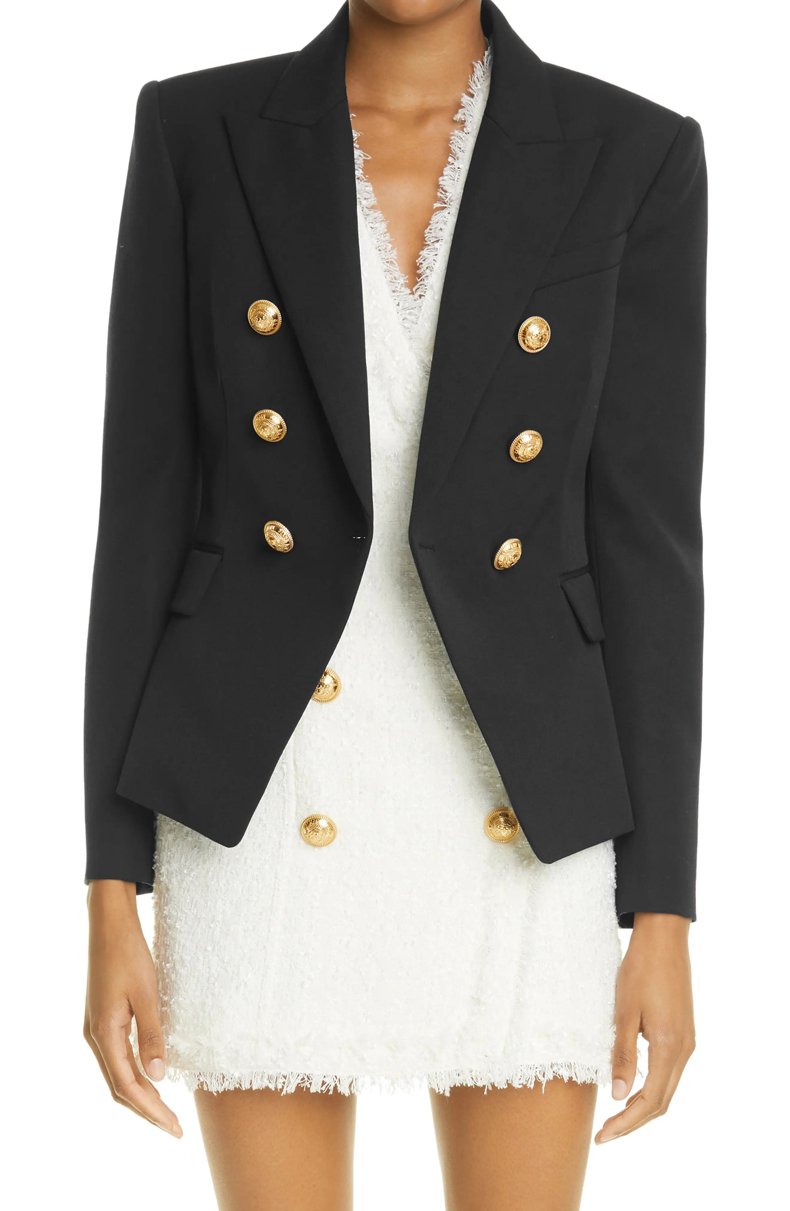 Balmain Double Breasted Wool Grain de Poudre Jacket, Size 6 Us in Black at Nordstrom | Nordstrom