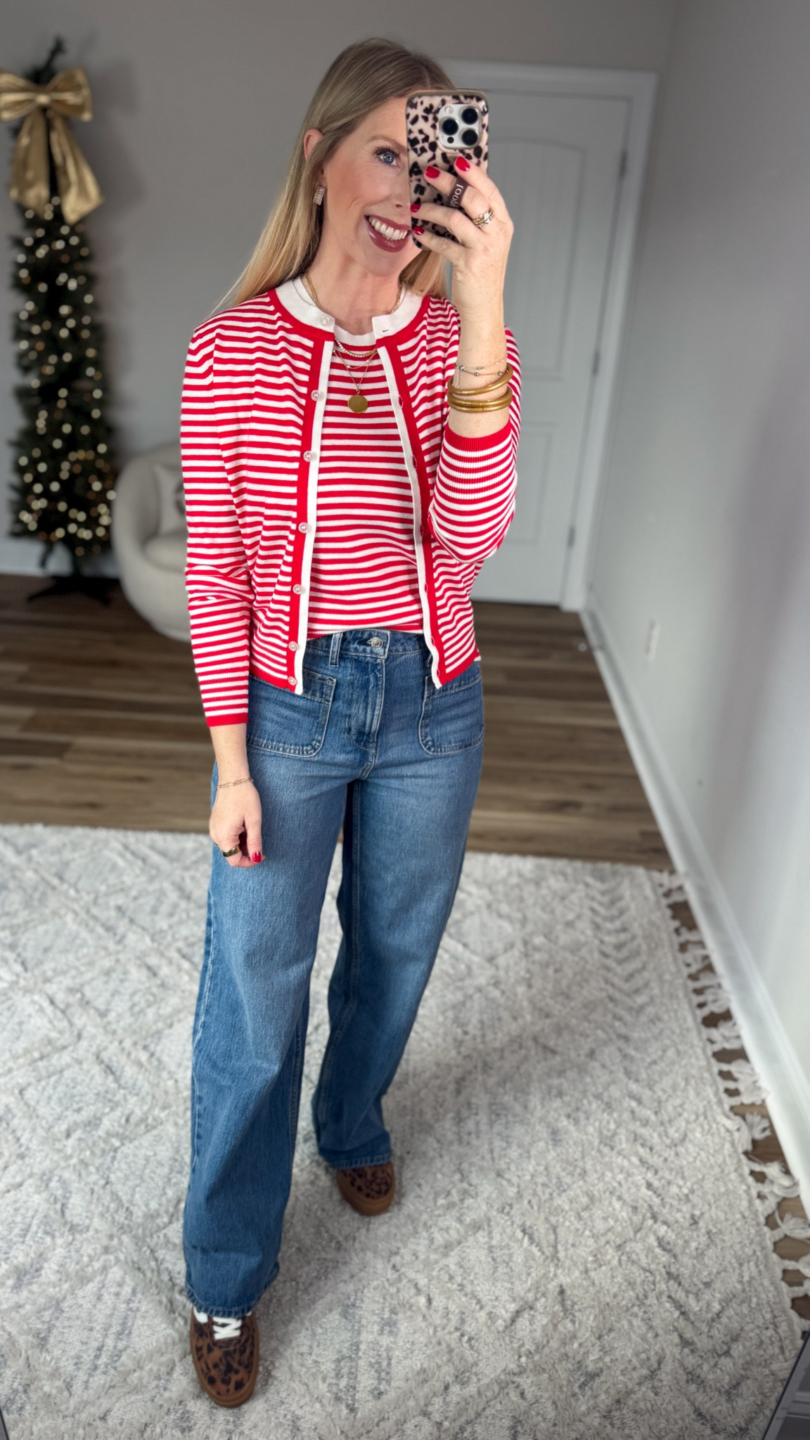Weekend Walmart Wins Try-On
Red and white stripe cardigan- small
Red and white stripe sweater shell- small
Patch pocket jeans- 4 
Leopard sneakers 

#LTKHoliday #LTKootd #LTKFindsUnder50