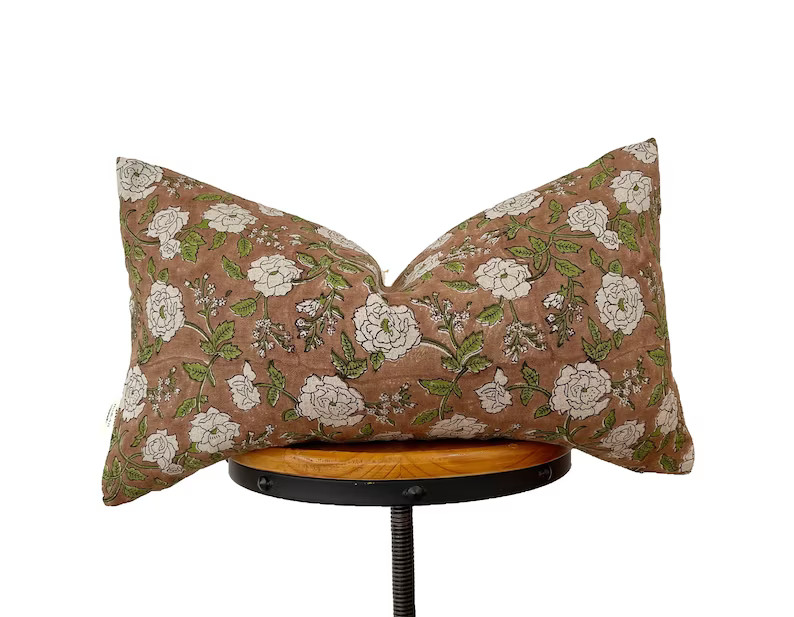 Block Print Linen Pillow Cover, Rusty /olive Green/white Floral Pillow Cover ,lumbar Pillow Cover... | Etsy (US)