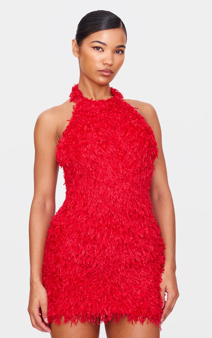 Red Faux Feather Halterneck Mini Dress | PrettyLittleThing UK