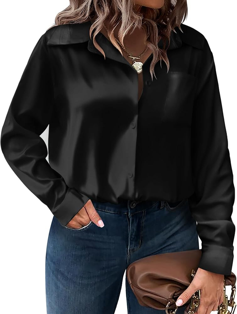 IN'VOLAND Womens Plus Size Satin Silk Button Down Shirt V Neck Long Sleeve Casual Collared Work Blou | Amazon (US)