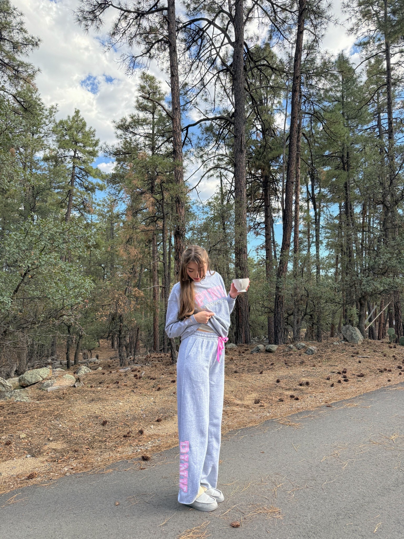 LoveShackFancy x pink collab try on, girly sweat set, coquette sweatpants, shabby chic airport outfit inspo, comfy but cute style guide