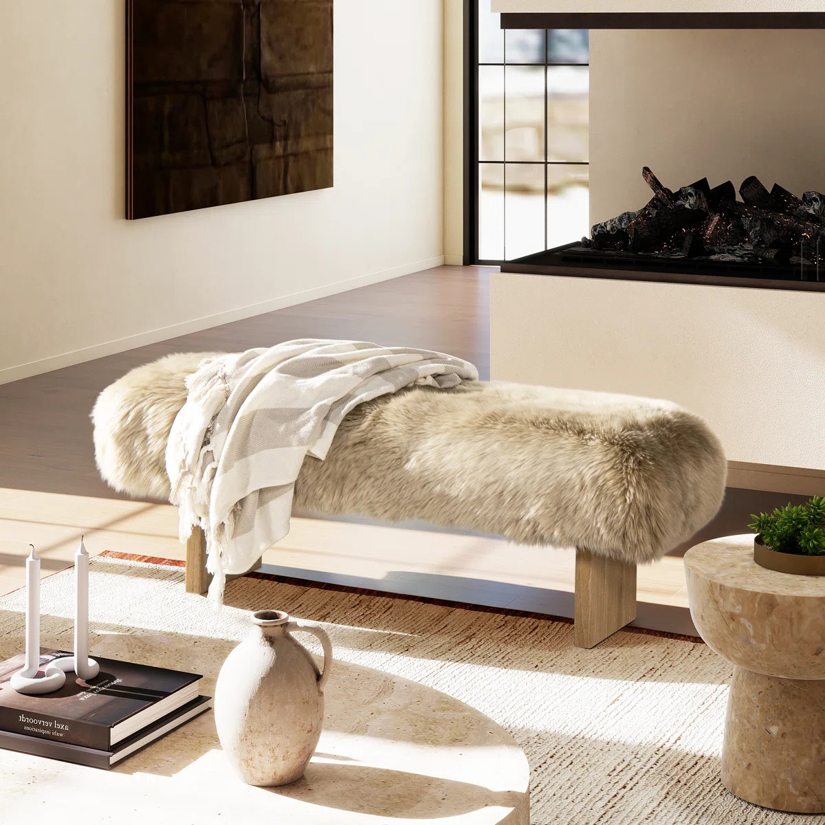 Leda 49" Sheepskin Fur Rectangular Accent Bench | Wayfair North America