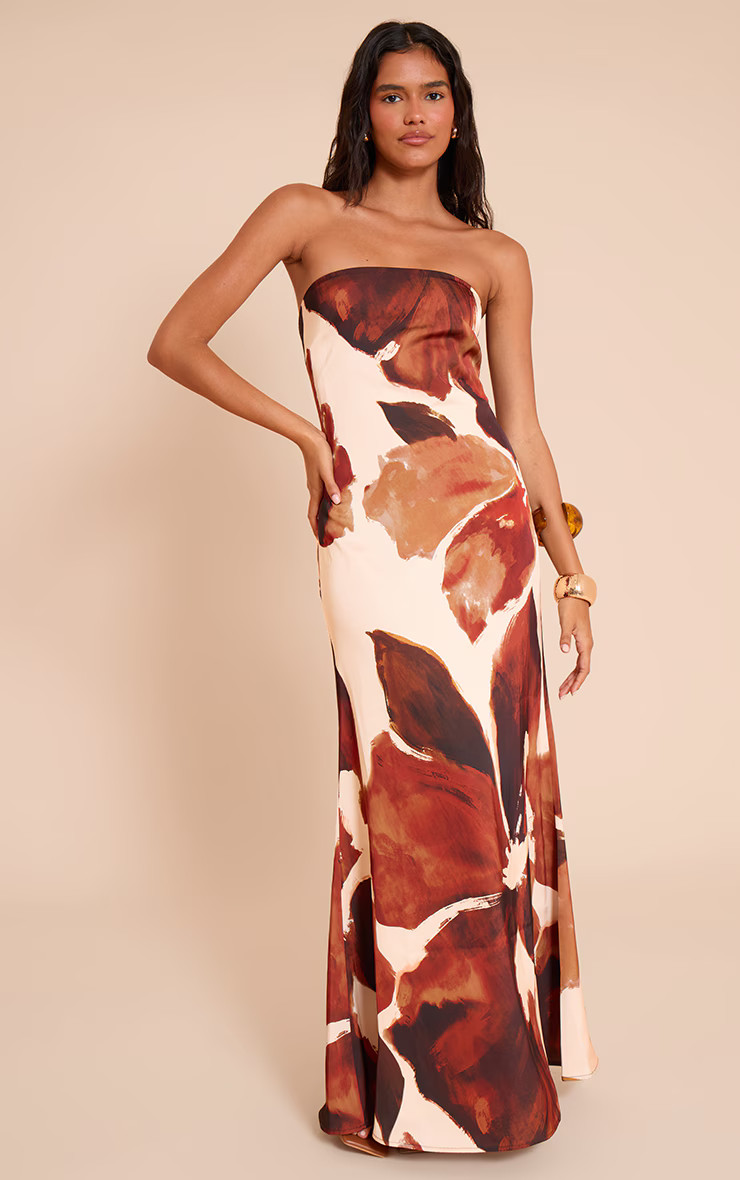 Brown Floral Satin Bandeau Maxi Dress | Dresses | PrettyLittleThing UK