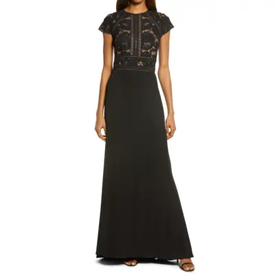 Tadashi Shoji Lace & Crepe A-Line Gown in Ivory/Black at Nordstrom, Size 10 | Nordstrom