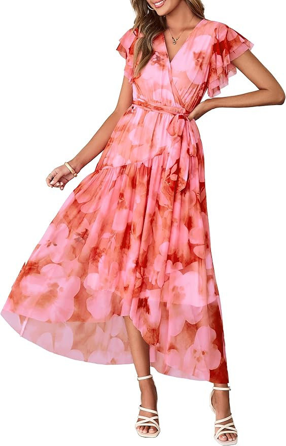 Simplee Womens Summer Floral Maxi Dress 2026 Short Sleeve V Neck Belted Mesh Hem Split Flowy Beac... | Amazon (US)