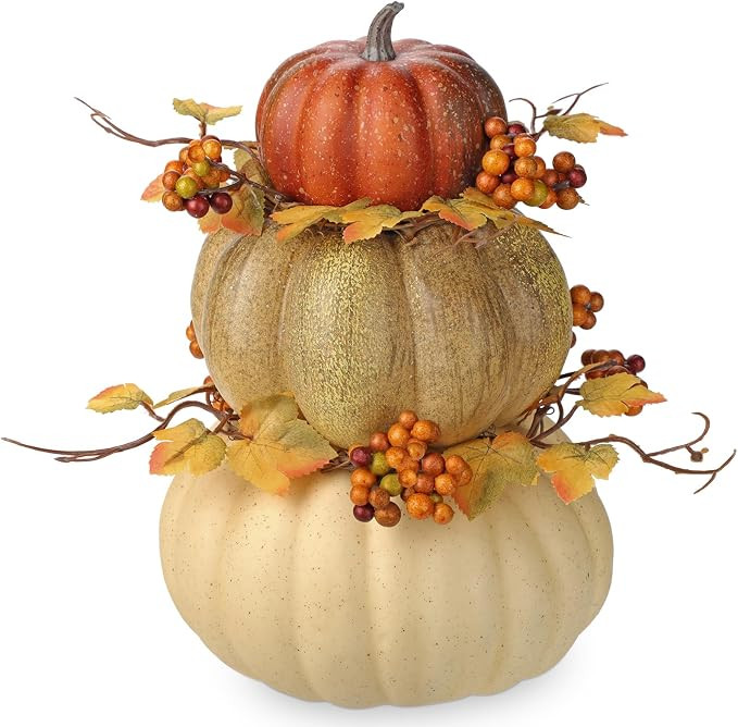 Artificial Pumpkin Fall Décor - Autumn Table Centerpieces with Faux Berries, Maple Leaves, Stack... | Amazon (US)