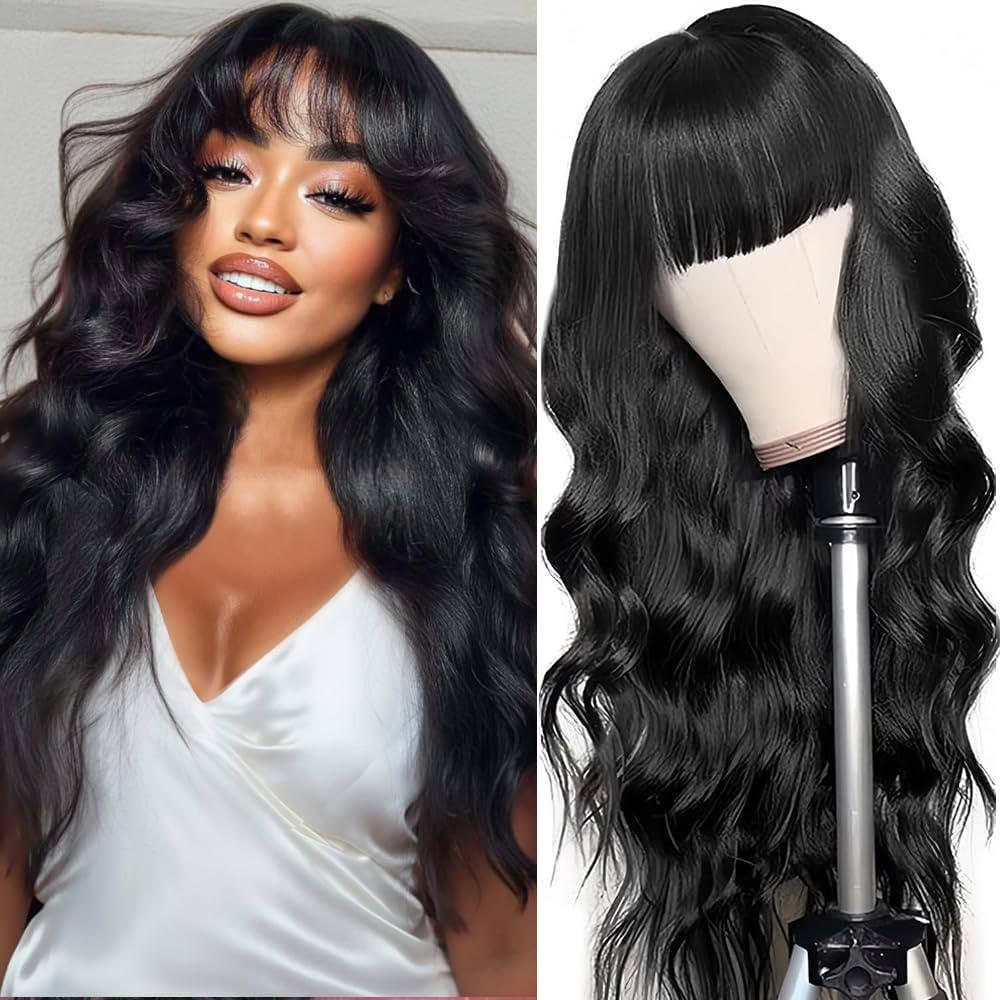 18 Inch Body Wave Wigs with Bangs Human Hair Wig for Women Machine Made None Lace Front Wigs 180%... | Amazon (US)