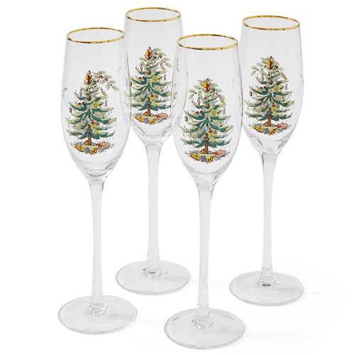 Spode Christmas Tree Gold 8.5oz Champagne Flutes (Set of 4) - Gold Rimmed Glasses, Festive Holiday Drinkware for Christmas Dinner, Wedding Gifts - Classic Holiday Glassware for Wine & Minosas | Amazon (US)