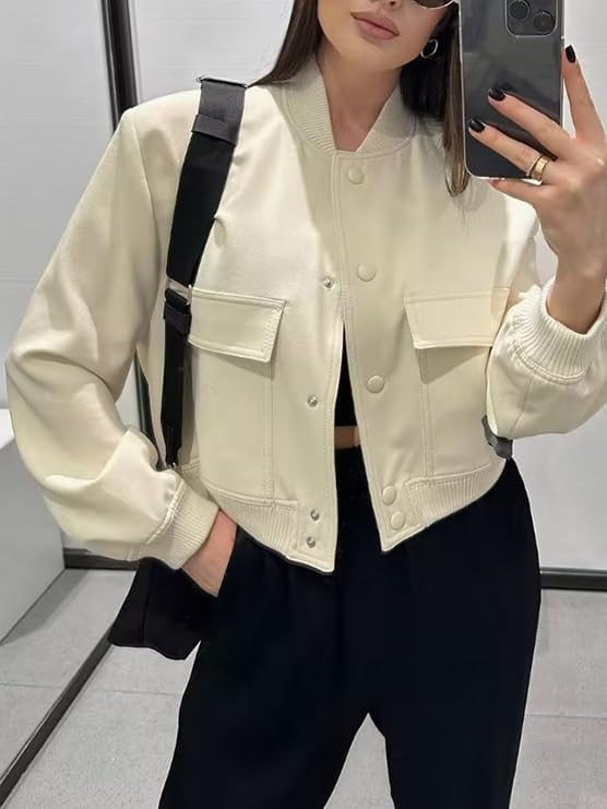 Mincib Women's Cropped Bomber Jacket Casual Long Sleeve Button Down Baseball Vasity Jacket with P... | Amazon (US)