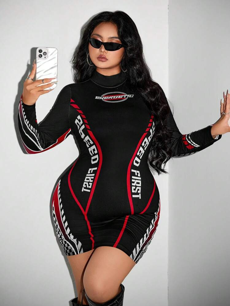 SHEIN ICON Plus Size Women's Super Cool Racing Car Print Long Sleeve Dress, Autumn Dress,Race Car Driver | SHEIN