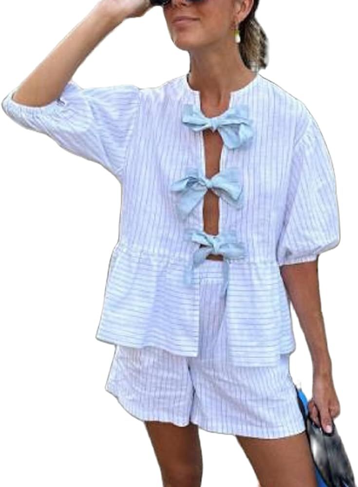 Women Tie Front Pajamas Sets Puff Sleeve Plaid Babydoll Shirt Ruffle Hem Shorts Y2k 2 Piece Pj Ma... | Amazon (US)