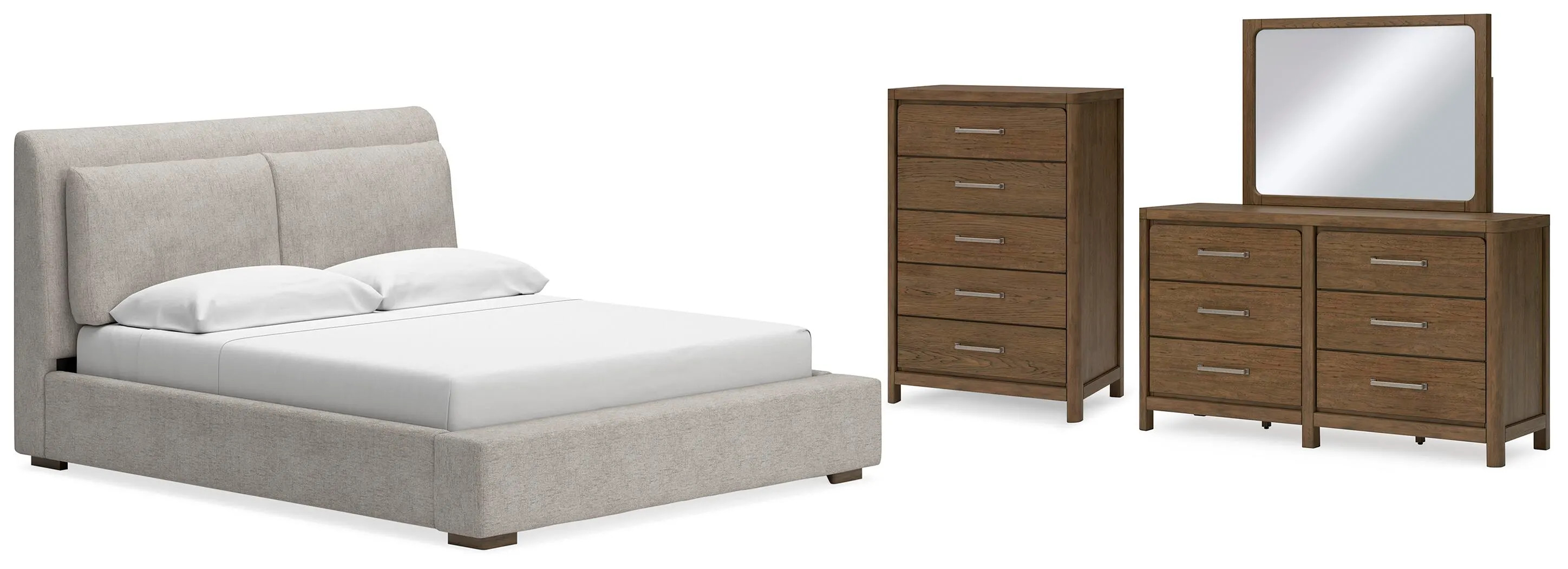 Cabalynn California King Upholstered Bed with Mirrored Dresser and Chest, Light Brown | Ashley