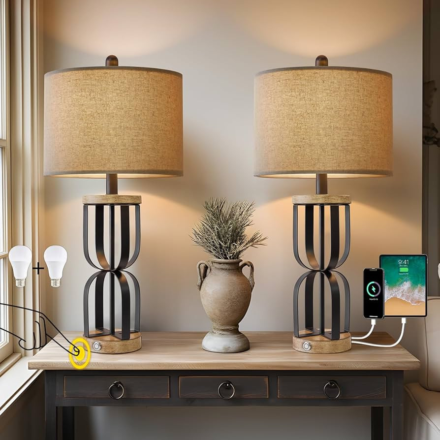 25" Industrial Dual USB Charging Ports 3-Way Dimmable Touch Control Table Lamp Nightstand Lamp Vi... | Amazon (US)