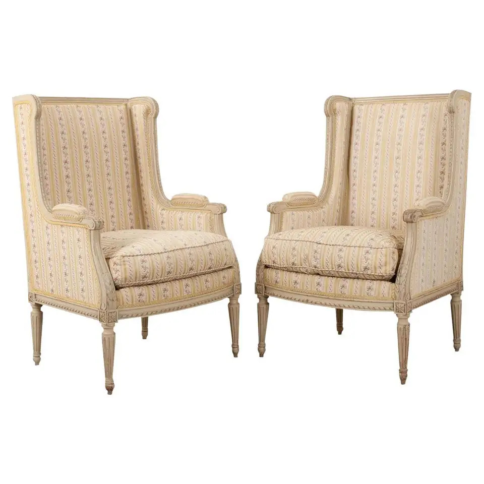 French Pair of Louis XVI Style Bergeres | 1stDibs