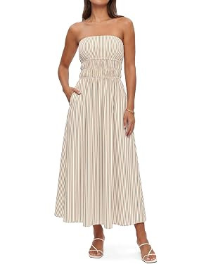 Waist Wow Women Striped Strapless Maxi Dress Casual Smocked Tube Top Long Dresses Beach Vacation ... | Amazon (US)