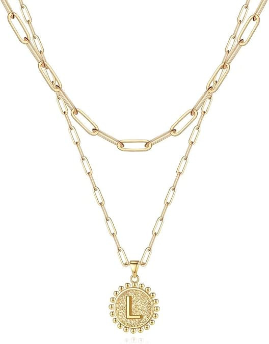Ursteel Layered Initial Necklaces for Women - 14K Gold Plated Dainty Layering Paperclip Chain Nec... | Amazon (US)