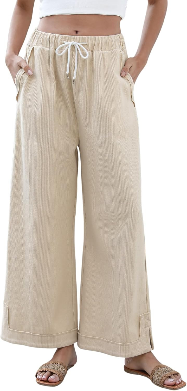 Athlisan Womens Baggy Wide Leg Palazzo Pants Casual Loose Drawstring Elastic Waisted Lounge Trousers with Pockets | Amazon (US)
