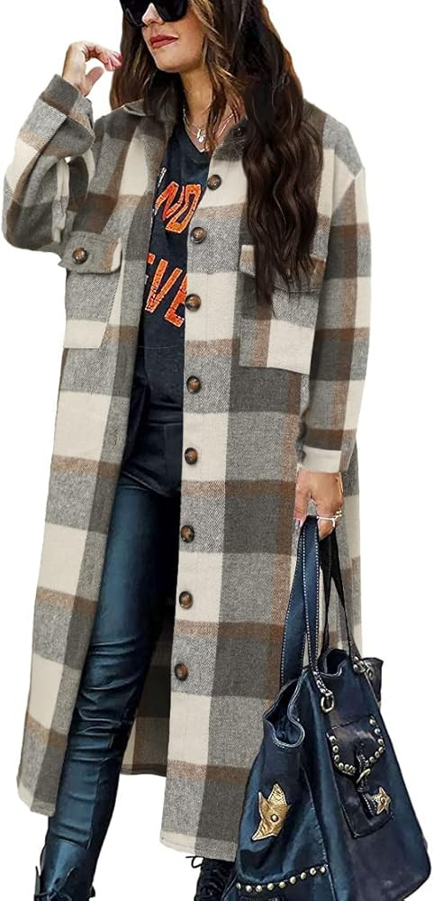 Omoone Women's Lounge Lapel Button Up Long Sleeve Plaid Long Shirt Jacket Shacket | Amazon (US)