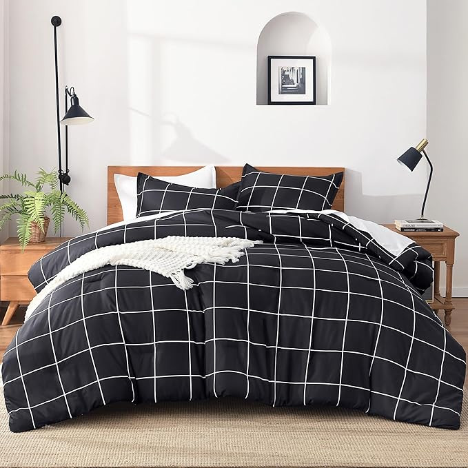 Full Comforter Sets Black, Gingham Plaid Grid Checkered Bedding Set | Amazon (US)