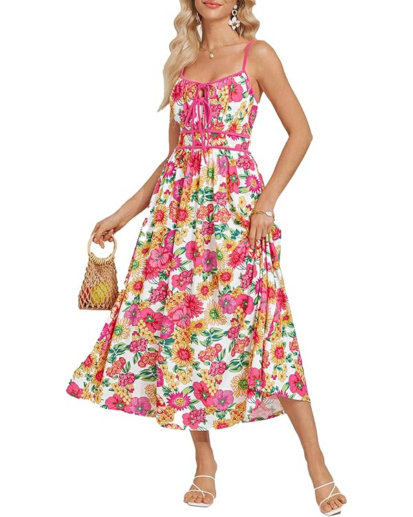 GRACE KARIN Women's 2025 Summer Casual Floral Boho Dress Spaghetti Strap Flowy Beach Maxi Dresses | Amazon (US)