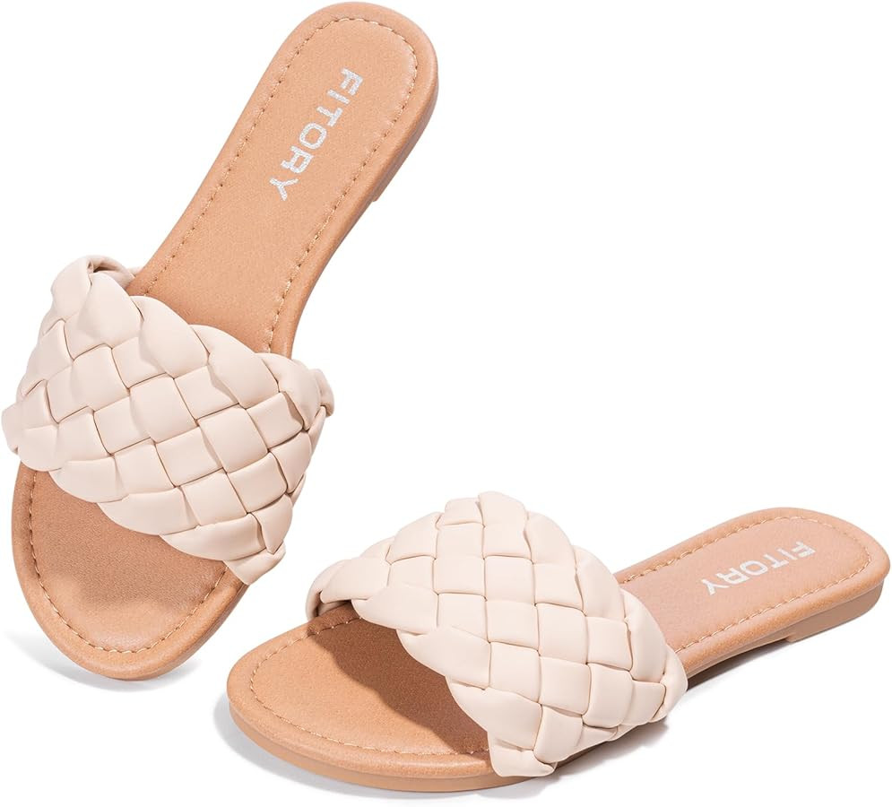 FITORY Womens Flat Sandals Fashion Round Open Toe Slip On Slides with Braided Strap Slippers for ... | Amazon (US)