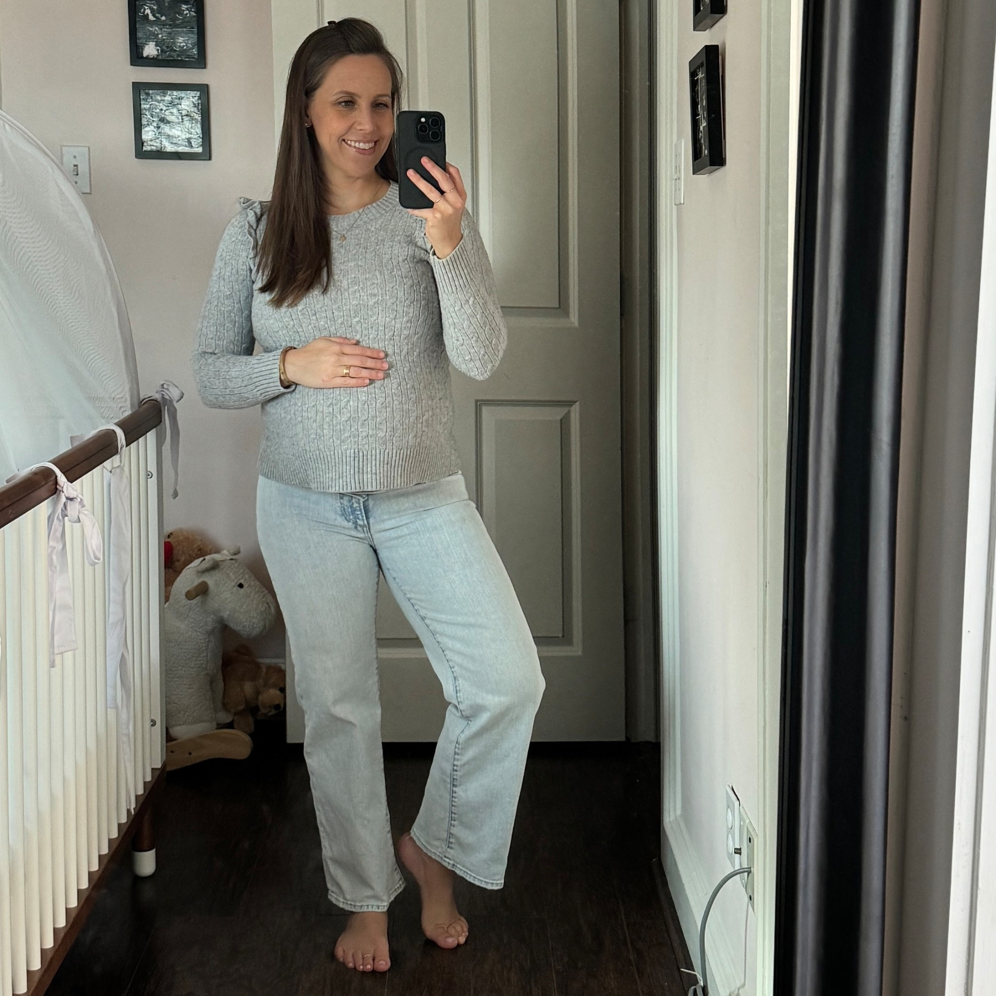 Maternity jeans can be difficult. Grateful for a wide leg style. Wearing a size 27 in maternity sizing  

#LTKPetite #LTKBump #LTKootd