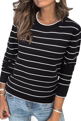 Arach&Cloz Womens Fall Tops 2025 Striped Sweater Fashion Crew Neck Long Sleeve Outfits Trendy Casual Pullover Black and White | Amazon (US)